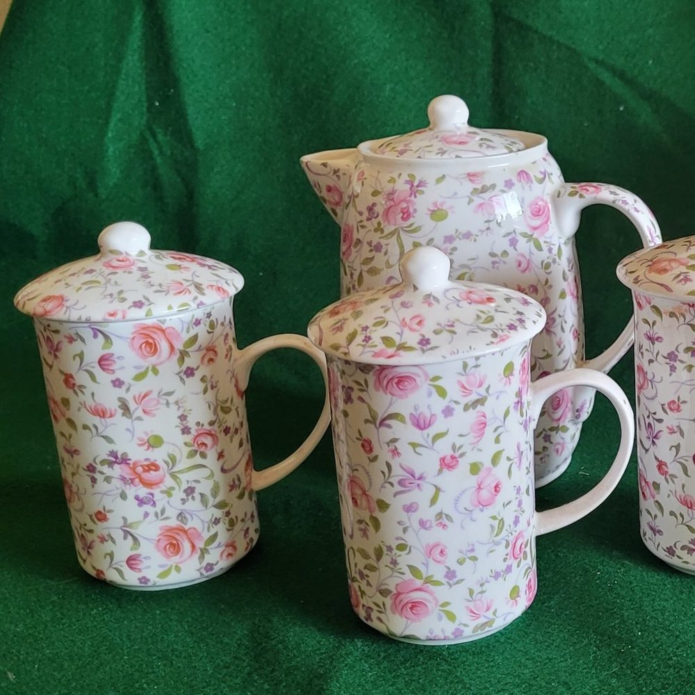Fine bone china Tea service, rose chintz 8 pc set - Picture 3 of 13